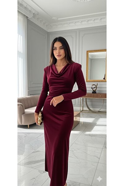 Larenmoda Degaje yaka kadife midi boy elbise