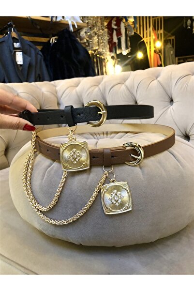 Gözde Tasarım Butik Women's Brown Thin Faux Leather Belt with Chain and Accessories