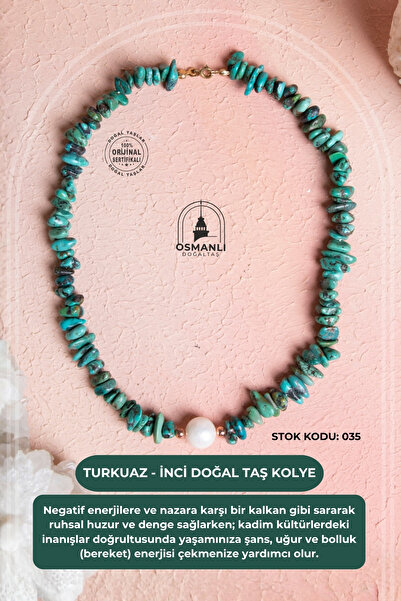 OSMANLI DOĞAL TAŞ Certified Turquoise (Turquoise) - Pearl Silver Closure Necklace S.K:035