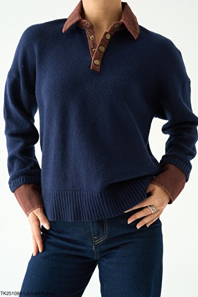 ossons Contrast Collar Button Detailed Knitwear