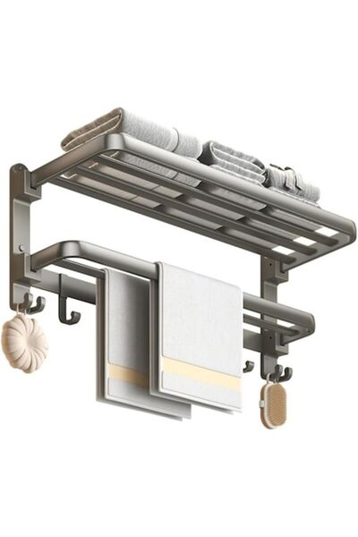 Brivoo® Brivoo 40 cm folding bathroom towel rack, stainless steel, 1 bar + 5 hooks, suction-mount