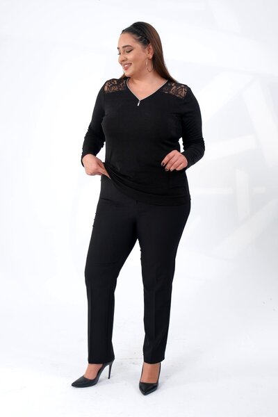 Roxxlen 333628 Γυναικεία μπλούζα με φερμουάρ με δαντέλα μεγάλου μεγέθους Μαύρη