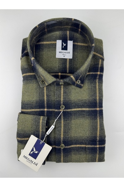 MEGALDİ Erkek Yeşil Kışlık Yünlü Klasik Kesim Gömlek