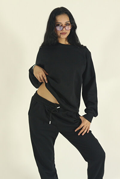 EydaMoon Women's Winter Fleece-Lined Tracksuit Set Crew Neck Sweatshirt Jogger-Black Regular Elasticated Leg