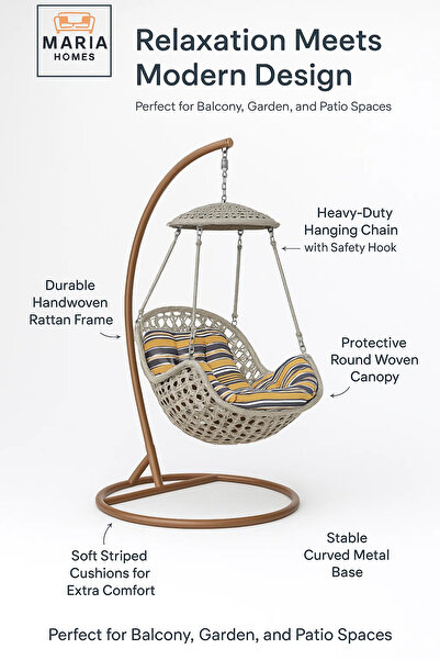 MARIA HOMES Modern Grey Rattan Hanging Swing Chair with Stand and Canopy for Outdoor Garden Patio Balcony