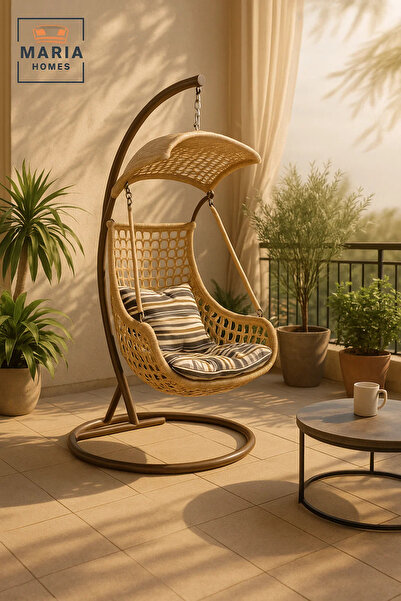 MARIA HOMES كرسي أرجوحة معلق عصري من الخيزران باللون البيج مع حامل ووسادة لشر...