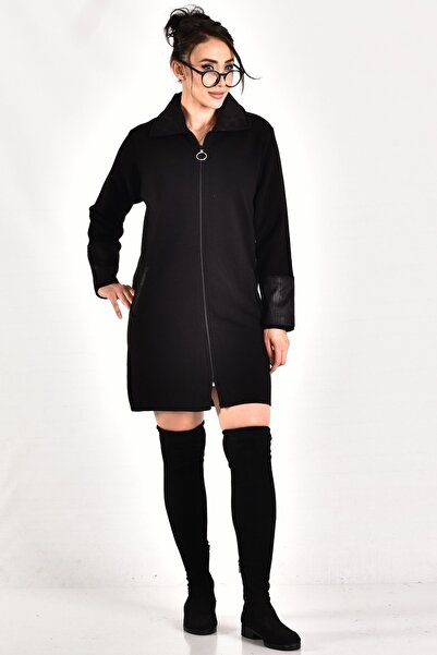 onno style women Steel Knit Collar Sleeve Leather Classic Long Knitwear Jacket