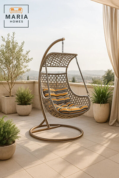 MARIA HOMES Rattan Hanging Swing Chair with Stand and Canopy for Indoor Outdo...
