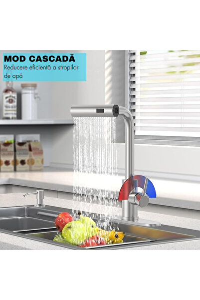 narvara Kitchen Sink Faucet — Stainless Steel, Pull-Out Head, 3 Functions, Single-Lever, 360° Mat