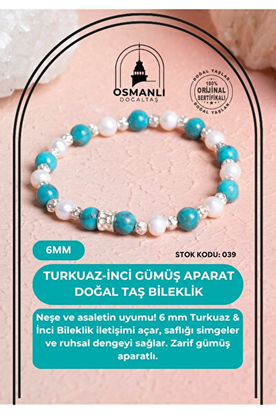 OSMANLI DOĞAL TAŞ Certified Turquoise-Pearl Silver Apparatus Natural Stone Bracelet 6mm 039