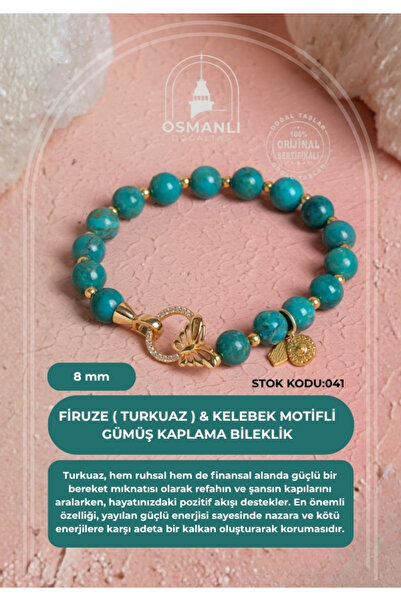 OSMANLI DOĞAL TAŞ Firuze ( Turkuaz ) & Kelebek Motifli Gümüş Kaplama Bileklik...