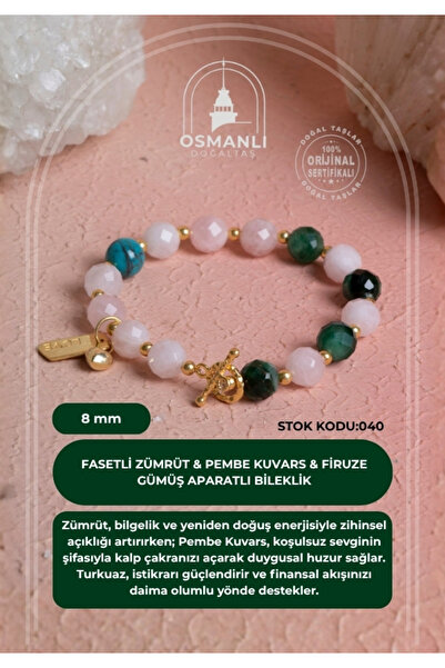 OSMANLI DOĞAL TAŞ Faceted Emerald & Pink Quartz & Turquoise Silver Bracelet Sk:040