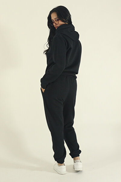 EydaMoon Women's Winter Fleece-Lined Tracksuit Set K Hooded Sweatshirt Jogger - Black Regular Elastic Leg