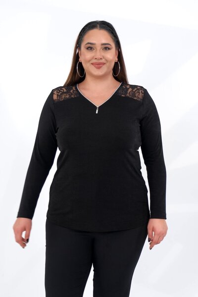 Roxxlen 333628 Γυναικεία μπλούζα με φερμουάρ με δαντέλα μεγάλου μεγέθους Μαύρη