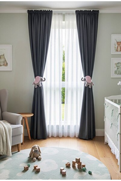 Leobabyroom Pembe Kulaklı Gri Fil 2'li Bebek Çocuk Odası Dekoratif Perde Süsü...