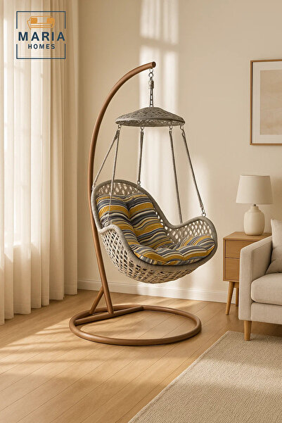 MARIA HOMES Modern Grey Rattan Hanging Swing Chair with Stand and Canopy for Outdoor Garden Patio Balcony