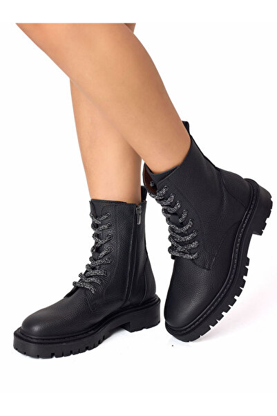 RUJO Cizme de damă din piele naturală, negre, cu șireturi și fermoar