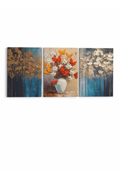 LOWHA Set of 3 Canvas Wall Art Stretched Over Wooden Frame with Butterflies Abstract Design
