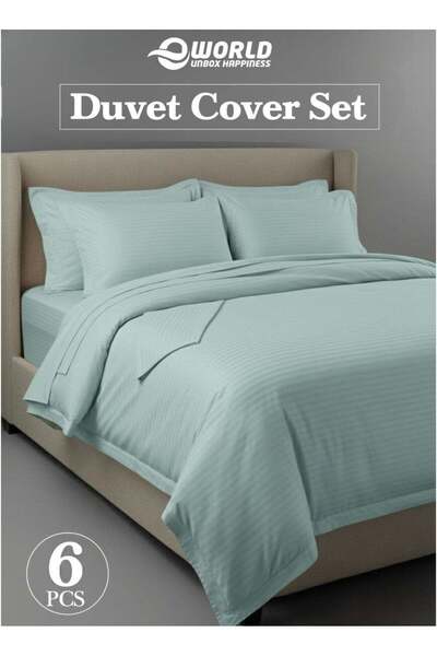 Eworld Premium Striped Duvet Set – 6-Piece King Size (220x240 cm) Pastel Green