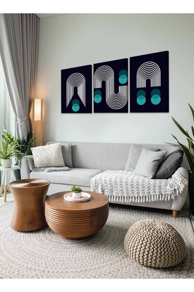LOWHA Set of 3 Canvas Wall Art Stretched Over Wooden Frame with Lines and Circles Abstract Design