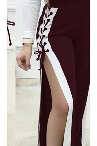 Kanonik Education Women's High Waist Side Cross Lace-Up Slit Viscose Two Thread Pants