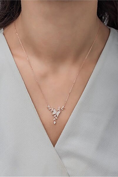 passion silver Butterfly on Branch Necklace Rose Plated Women
