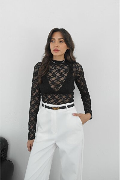 manana fashion Lace Detailed Transparent Blouse