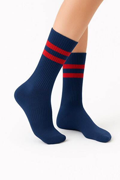 Plus Scorpion Дамски комплект от 2 чифта чорапи в тъмносин цвят – памучни с райета, подходящи за спорт и ежедневно носене –