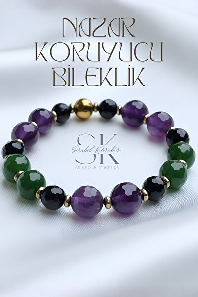 Sarıbel Kehribar Ametist Yeşim Ve Turmalin Kaygı Nazar Koruyucu Bileklik