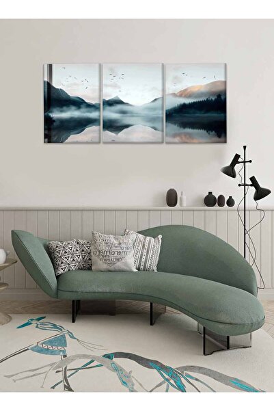LOWHA مجموعة من 3 لوحات فنية جدارية من القماش مشدودة على إطار خشبي بتصميم منظر بحيرة وجبال