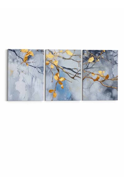 LOWHA Set of 3 Canvas Wall Art Stretched Over Wooden Frame with Golden Branch Abstract Design