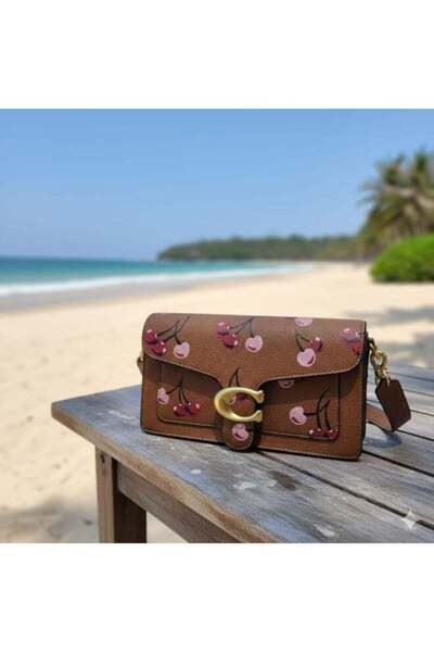 TABBY Satchel Bag, Cherry Design, Gold Hardware with long belt strap