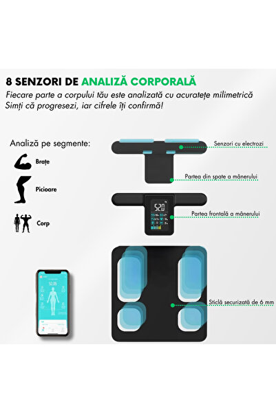 narvara ReForm 360 Smart Scale — 28 body metrics, 8 BIA sensors, up to 24 users, iOS/Android, Blac