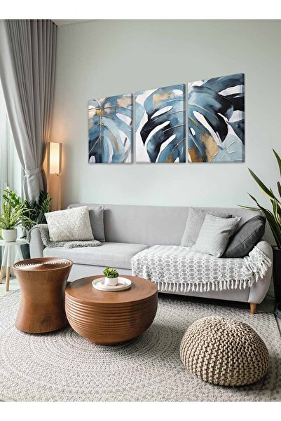 LOWHA Set of 3 Canvas Wall Art Stretched Over Wooden Frame with Tropical Leaves Abstract Design