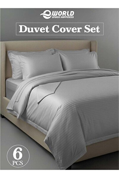 Eworld Premium Striped Duvet Set All Season – 6-Piece Grey King Size 220x240 cm