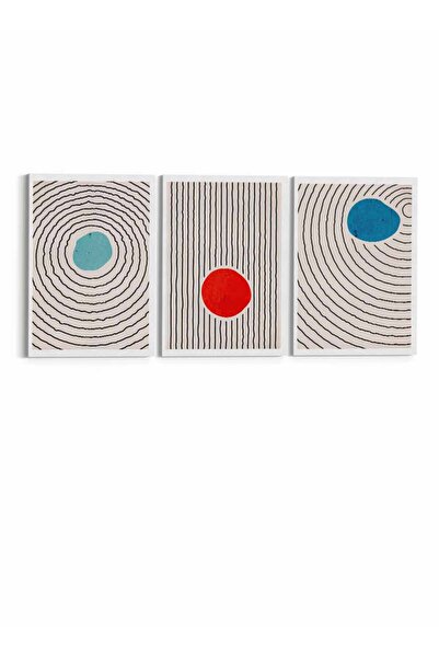 LOWHA Set of 3 Canvas Wall Art Stretched Over Wooden Frame with Lines and Circles Abstract Design