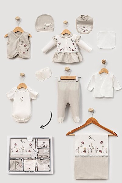 MİLAYS LİFE HOME COLLECTİON Baby Girl 0-3 Months Organic Cotton with Flower and Cork Embroidery 10-Piece Hospital Release Zibin Set