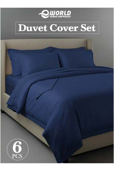 Eworld Premium Striped 6-Piece Duvet Set, King 220x240 cm, Navy Blue