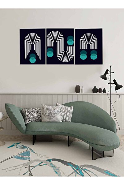 LOWHA Set of 3 Canvas Wall Art Stretched Over Wooden Frame with Lines and Circles Abstract Design