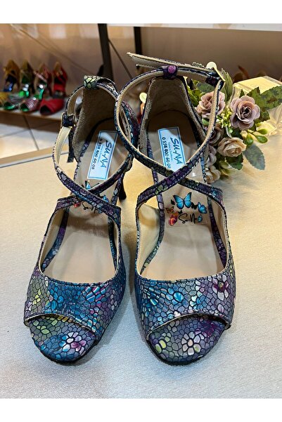 bitangosu Purple/Blue Cross-Strapped Snake Skin Patterned 8.5 cm 13 Point Heel Height Tango, Dance and Ballroom Shoes