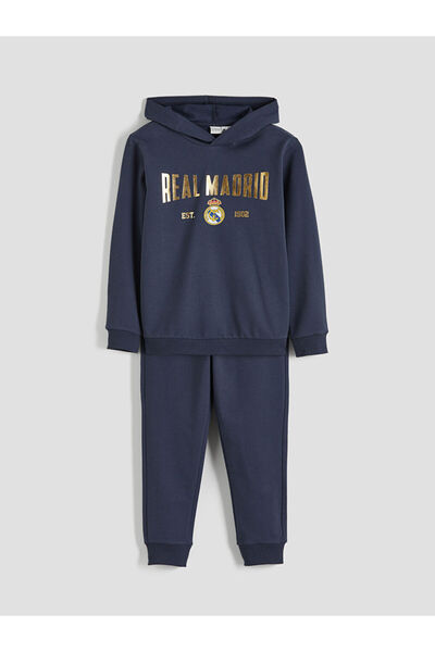LC Waikiki Lcw Kids Navy Blue Hooded Real Madrid Printed Boys Tracksuit Set