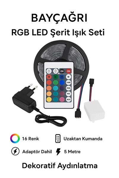BAYÇAĞRI RGB LED Şerit Işık Seti 5 Metre – 16 Renk Uzaktan Kumandalı, Adaptör...