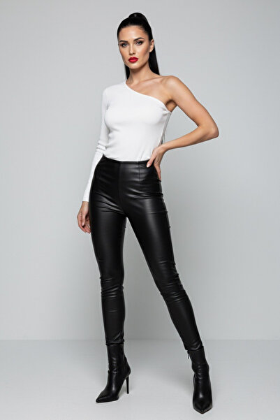 Giyimodam White One Shoulder Long Sleeve Ribbed Knit Women Blouse