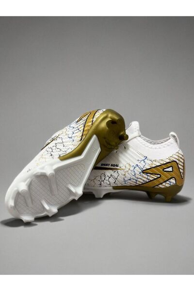 sinmm Boys' Football Cleats with Socks, Carpet Field Gear, Soccer Sports Shoes (White-Gold Color) Filet-Garson