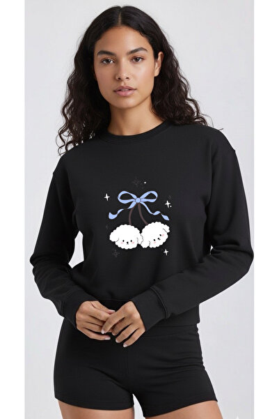 LORVEX Swea negru supradimensionat cu gât rotund tricou cu imprimeu panglică ...