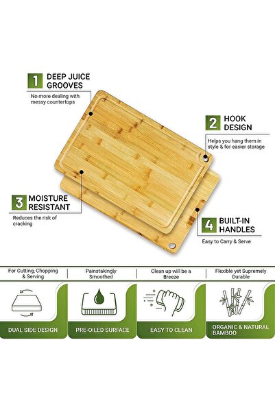 Generic Kookin Bamboo Cutting Board Set with Juice Grooves, Pre-Oiled, Large Handles, Hanging Hole