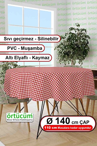 Örtücüm Mini Kırmızı Yuvarlak Pvc Muşamba Astarlı Masa Örtüsü Ekose Kareli Si...