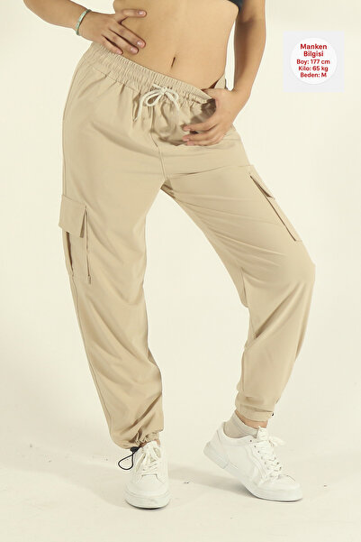 EydaMoon Women's Beige Baggy Cut Parachute Fabric Leg Clip Oversized Pants