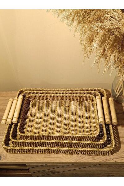 Paganca Wicker Rattan Presentation Tray 3-Piece Organizer Rectangular with Bamboo Handles