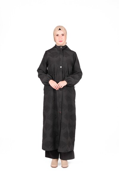 Beyza Kendinden Desenli Kapüşonlu Siyah Ferace 9462